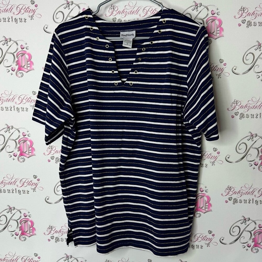 Bon worth tshirt nautical gold sparkly Blue and White grommet Tee Vneck